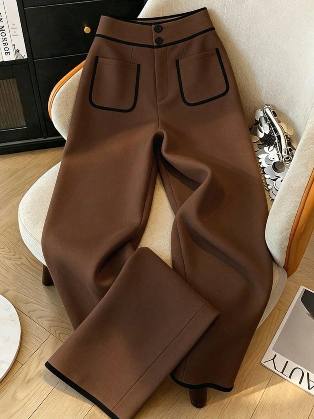 Coffee Brown Casual Women's Wide Leg Suit Pants with Button Waist, Patch Pockets - Picture 3 of 4